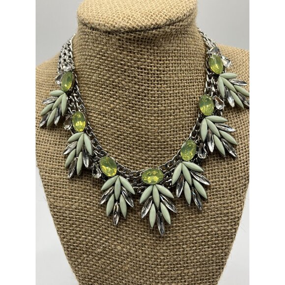 Silver tone Natasha Statement Necklace With Green & Clear Gemstones 10" Length - Picture 1 of 8